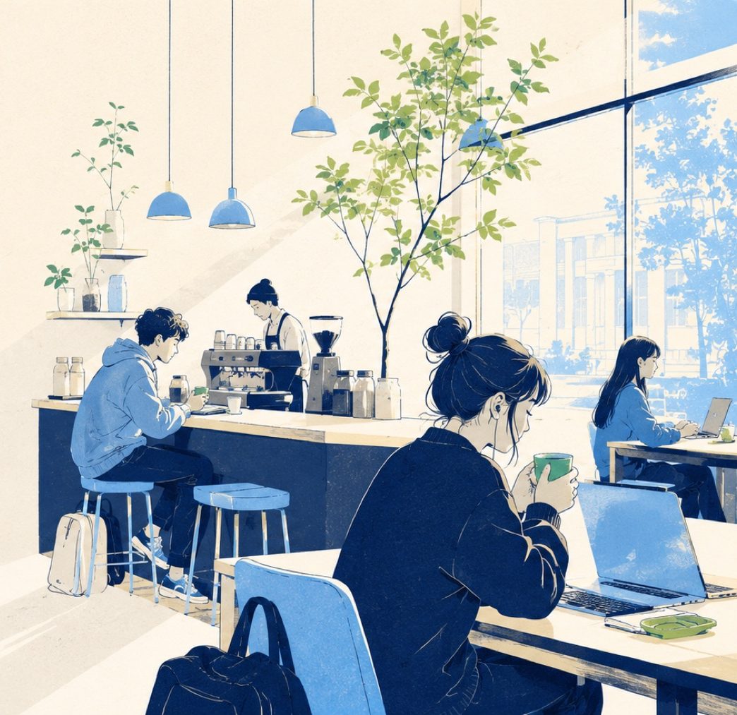 Ilustración de la cafetería del campus con gente entre clases