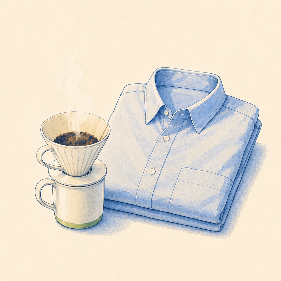 Ilustración de una taza de café y una camisa doblada
